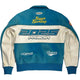 Back view of Primoir teal and cream retro racing bomber jacket with bold 2025 and Primoir graphics, embroidered "Super Sporting" patch, and ribbed hem