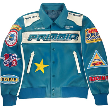 Front view of Primoir teal and cream racing bomber jacket with yellow star patch and embroidered details