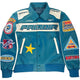 Front view of Primoir teal and cream racing bomber jacket with yellow star patch and embroidered details