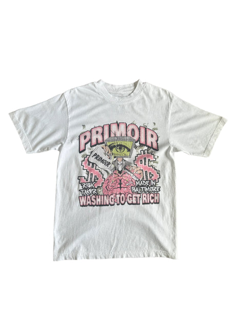 Front view of Primoir "Washing to Get Rich" graphic tee in optic white, featuring pink and black artwork.