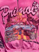 Close-up of colorful graphic on Primoir hoodie with women, car, and text design