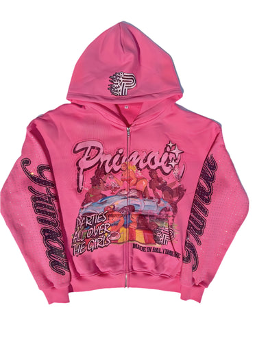Front view of Primoir pink zip hoodie with graphic and rhinestone sleeve details