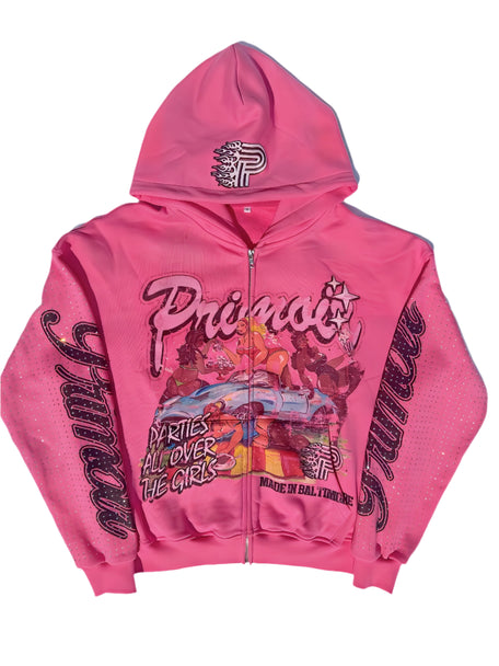 Front view of Primoir pink zip hoodie with graphic and rhinestone sleeve details