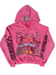 Front view of Primoir pink zip hoodie with graphic and rhinestone sleeve details