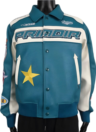 Front view of  teal and cream Primoir luxury racing jacket with embroidered patches