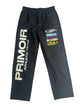 Full front view of black Primoir USA+ pants with large Primoir Athletic Team print and USA+ 2025 patch, laid flat on white background