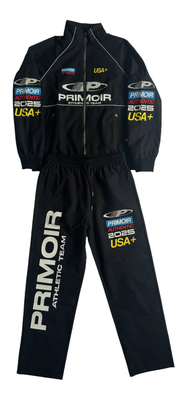 Black Primoir USA+ tracksuit with full branding, including logos and text on jacket and pants, laid flat on white background