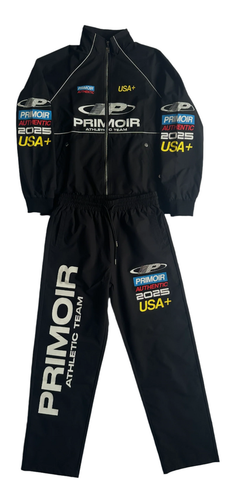 Black Primoir USA+ tracksuit with full branding, including logos and text on jacket and pants, laid flat on white background