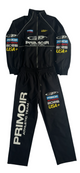Black Primoir USA+ tracksuit with full branding, including logos and text on jacket and pants, laid flat on white background