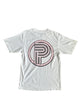 Back view of Primoir "Washing to Get Rich" t-shirt showing large vintage Primoir P logo in pink and black
