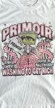 Close-up of Primoir front design with "Washing to Get Rich" graphic, brain and money artwork